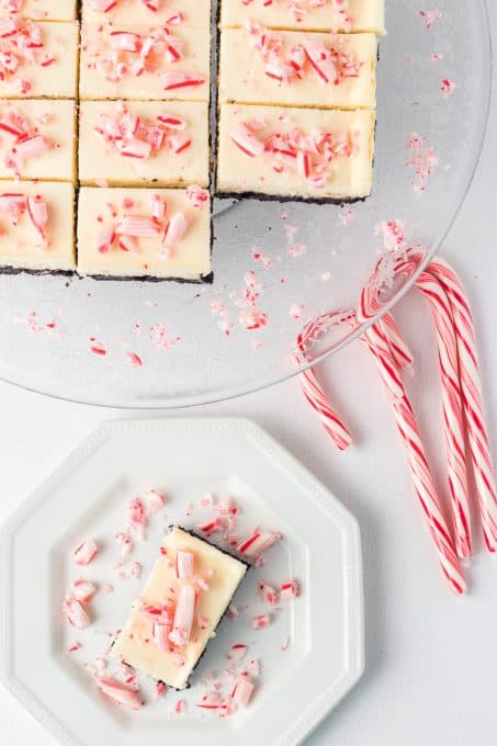 Cheesecake bars with peppermint and an Oreo crust.