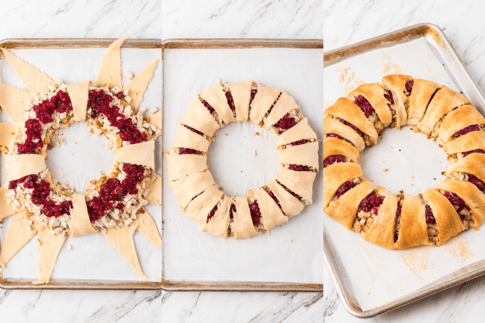 Process photos for a baked crescent full of turkey and all the fixings.