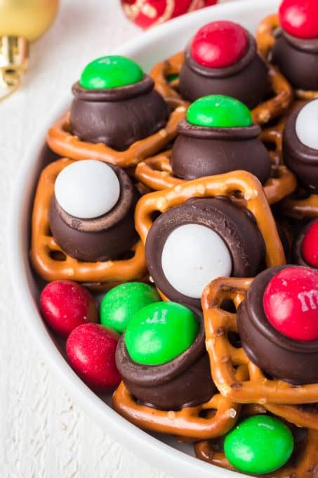 Mint chocolate candies and pretzels.