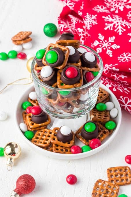 Pretzels, Mint Hershey Kisses and Mint M&M's make an easy Christmas snack.