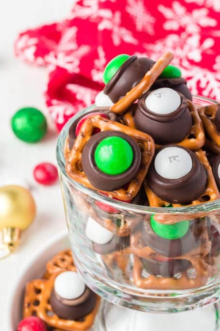 M&M's, Hershey's Mint Kisses, and pretzels.