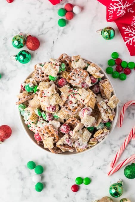 Chex cereal, pretzels and candy make this easy snacking Christmas mix.