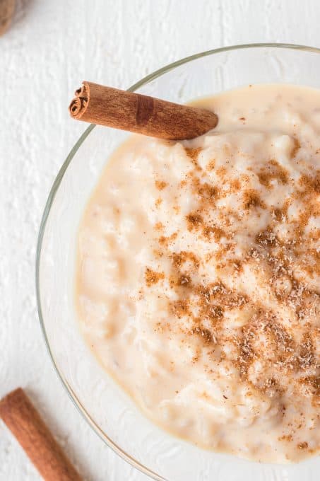 A cinnamon stick in pudding made with rice.