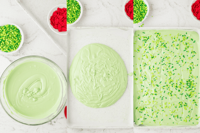 Process photos for 3 Ingredient Grinch Bark.