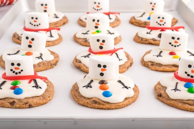 A tray of snowmen melting cookies.