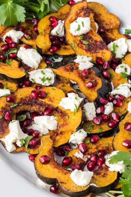 Roasted squash with pomegranate arils and goat cheese.