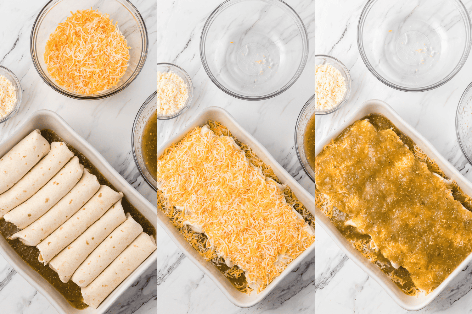 Second set of process photos for Creamy Chicken Enchiladas.