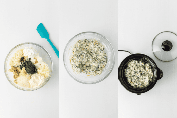 Process photos for Crockpot Spinach and Artichoke Dip.