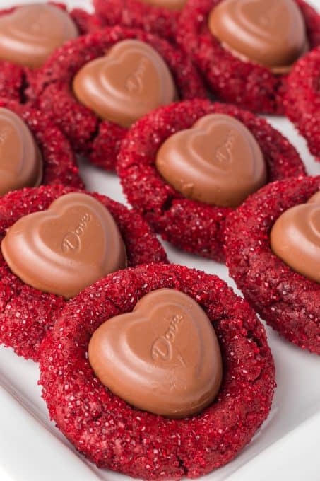 Chocolate hearts on red velvet cookies for Valentine's Day.