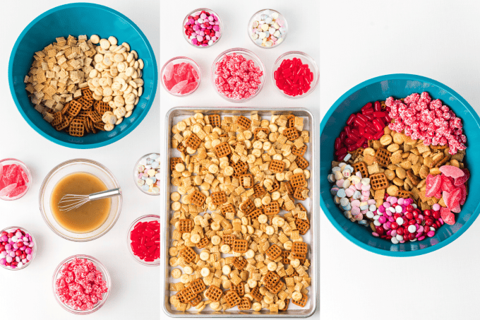 Process photos for Valentine Snack Mix.