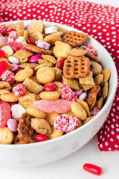 A snack mix with a Valentine's Day theme.