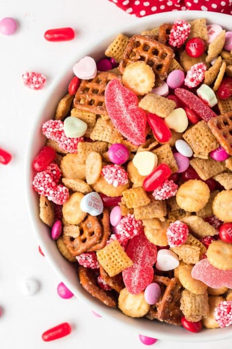 Colorful and fun Valentine's Day dessert snack mix.
