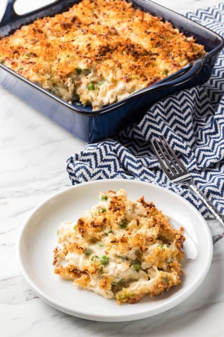 Peas and shredded chicken in a creamy Alfredo sauce.