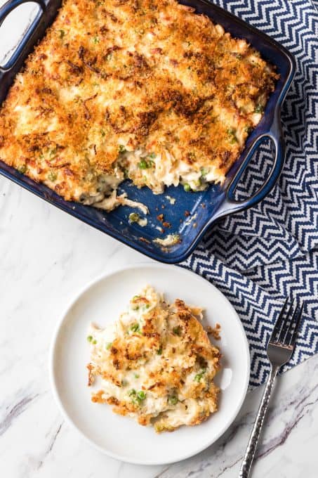 Breadcrumbs on a creamy chicken casserole.