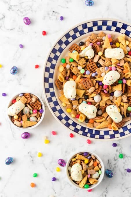 Pretzels, Chex cereals, Bugles and Easter candy in a fast and easy snack mix.