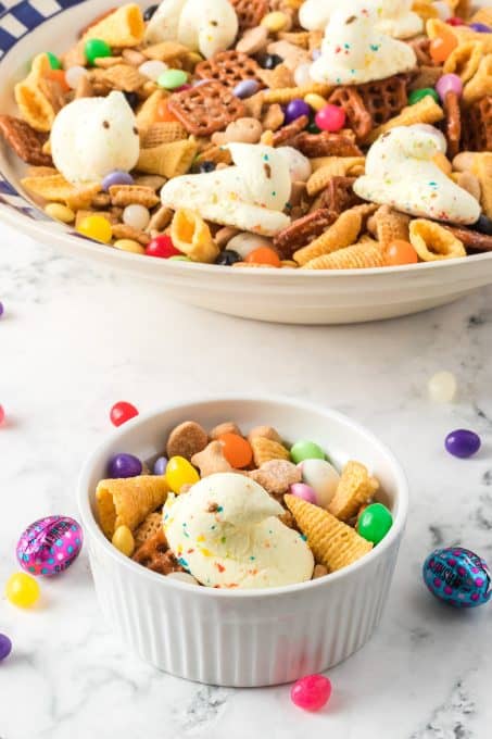 Peeps, pretzels, and Easter candy in an easy Chex Mix.