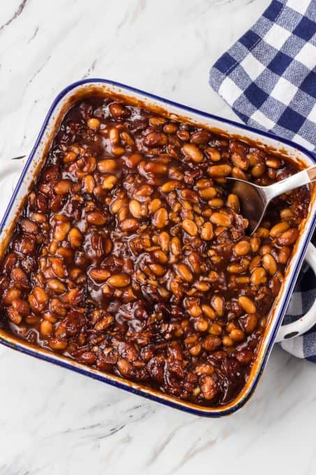 A baking dish full of homemade beans.