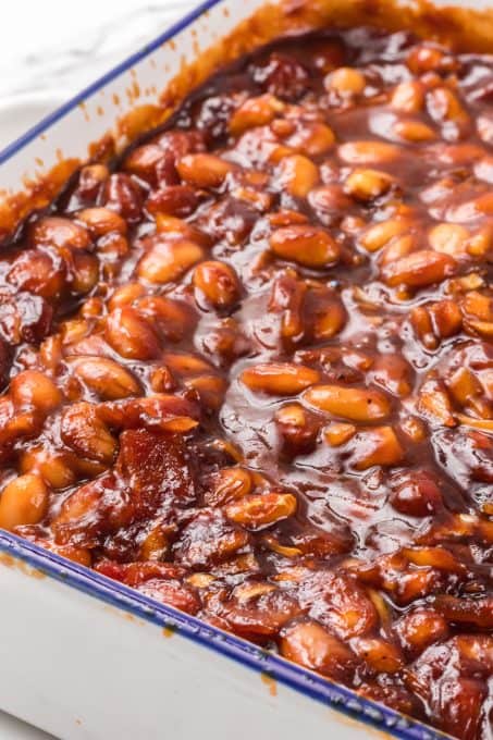 Beans and bacon with a thick sweet and savory sauce.