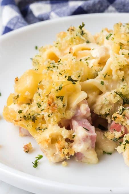 A ham and chicken casserole with lots of cheese.