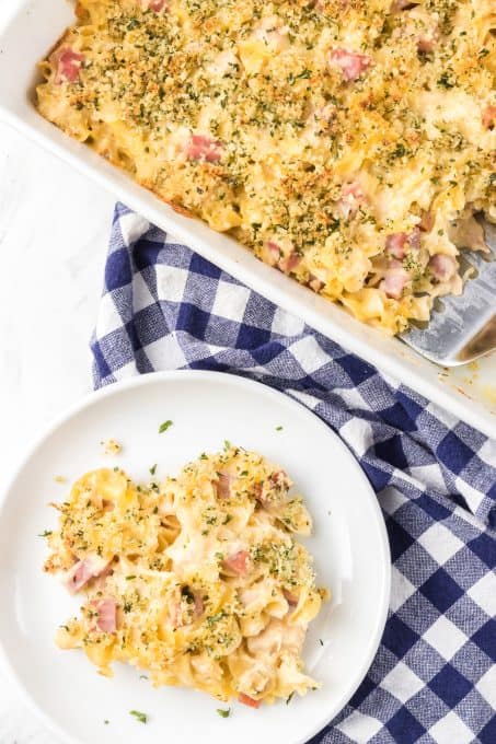An easy chicken casserole with ham, cheese, and noodles.
