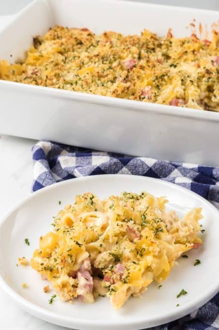 Noodles, chicken, ham and Swiss cheese make this an easy casserole dinner.