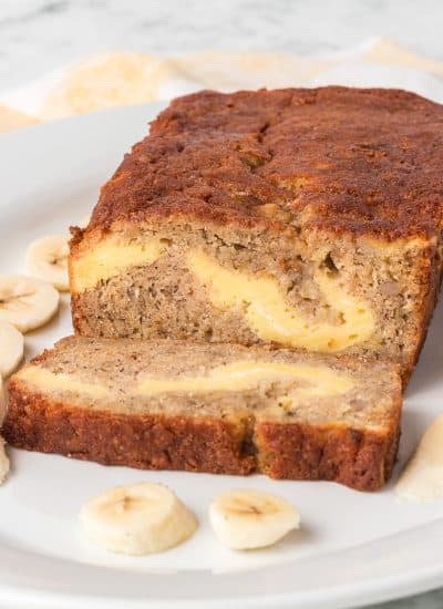 A sweet cream cheese swirl in a bread made of bananas.