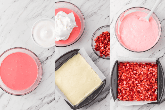 Second set of process photos for No Bake Strawberry Lemonade Dream Bars.