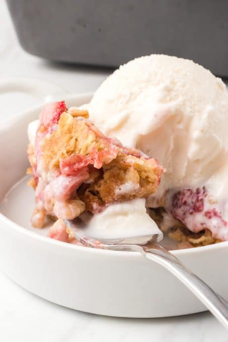 A bite of Oatmeal bars with a strawberry rhubarb filling.