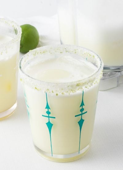 A lime sugared rim of a glass of a Brazilian limeade.