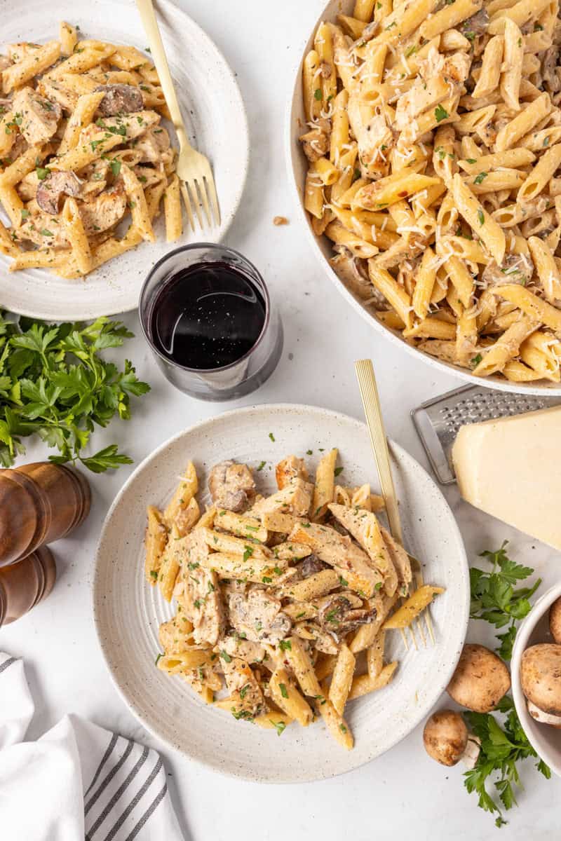 Plates of creamy cheese pasta with mushrooms and chicken.