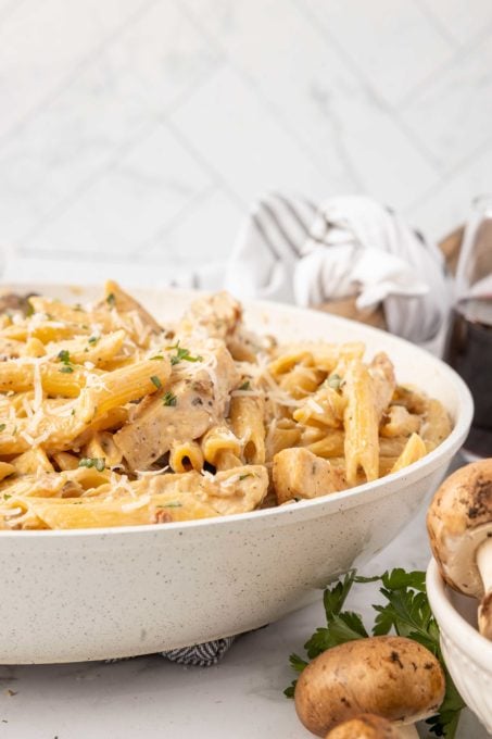 A bowl of creamy pasta with cheese, chicken and mushrooms.