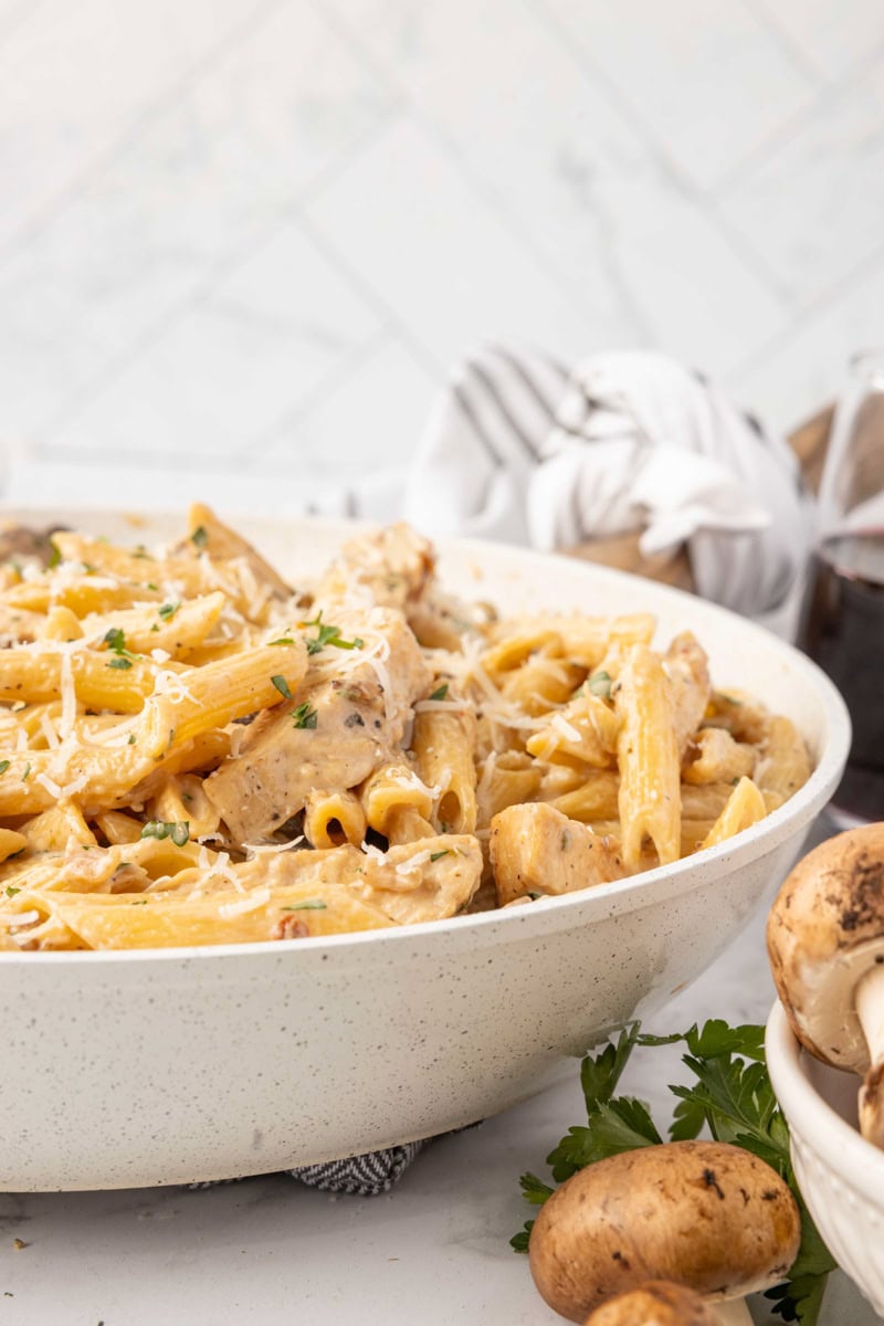 A bowl of creamy pasta with cheese, chicken and mushrooms.