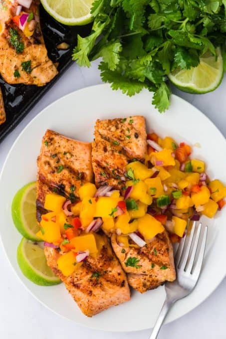 Sweet and spicy fruit salsa on summer salmon.