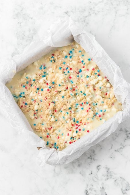 Patriotic Gooey Butter Bars ready for the oven.