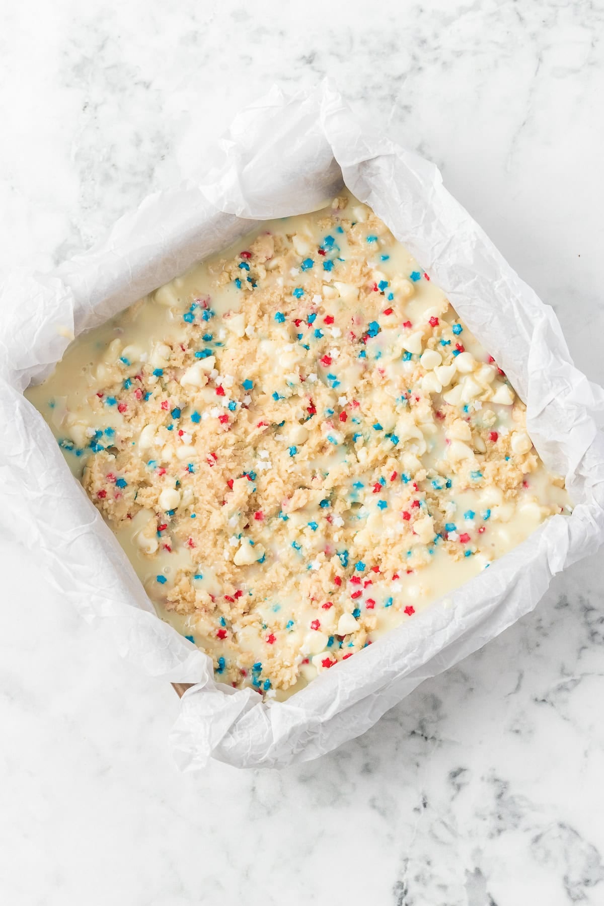Patriotic Gooey Butter Bars ready for the oven.