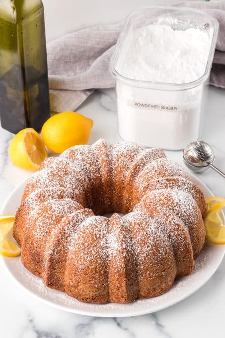 Bundt cake made with lemon juice, zest and olive oil.