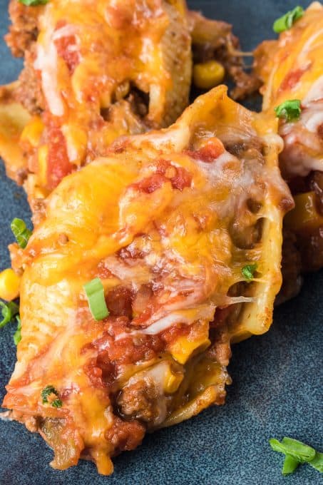 Pasta shells stuffed with taco meat, tomatoes and lots of cheese