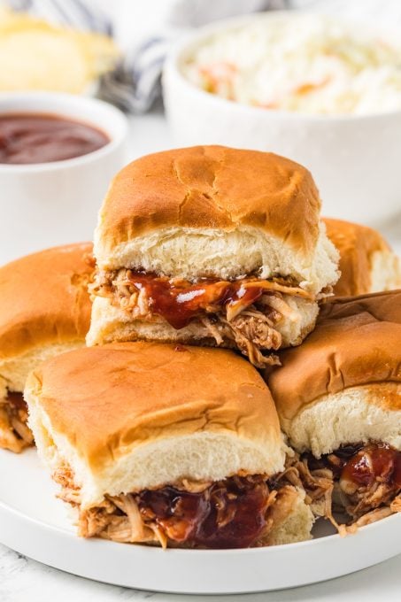 Shredded chicken sandwiches with BBQ sauce.