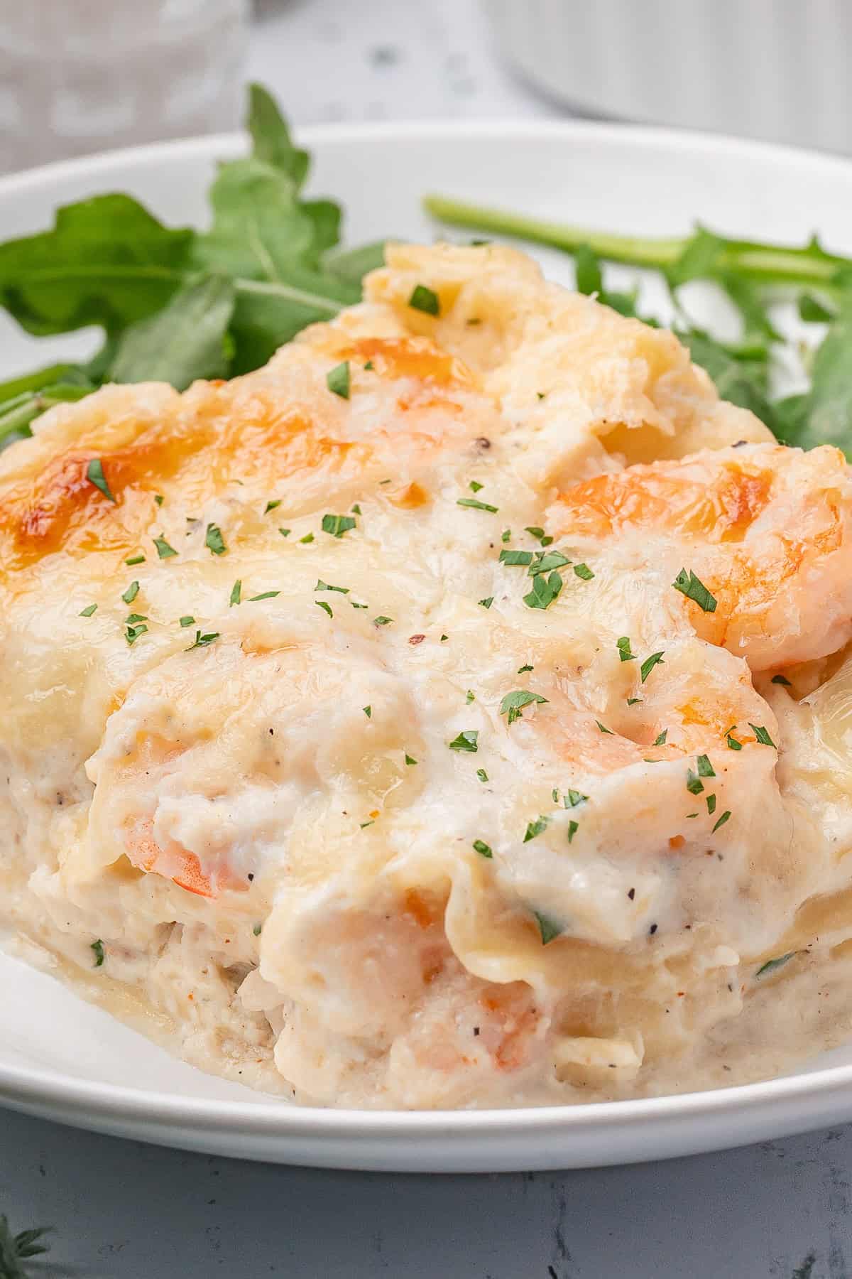 Seafood Lasagna with crab and shrimp in a bechamel sauce.