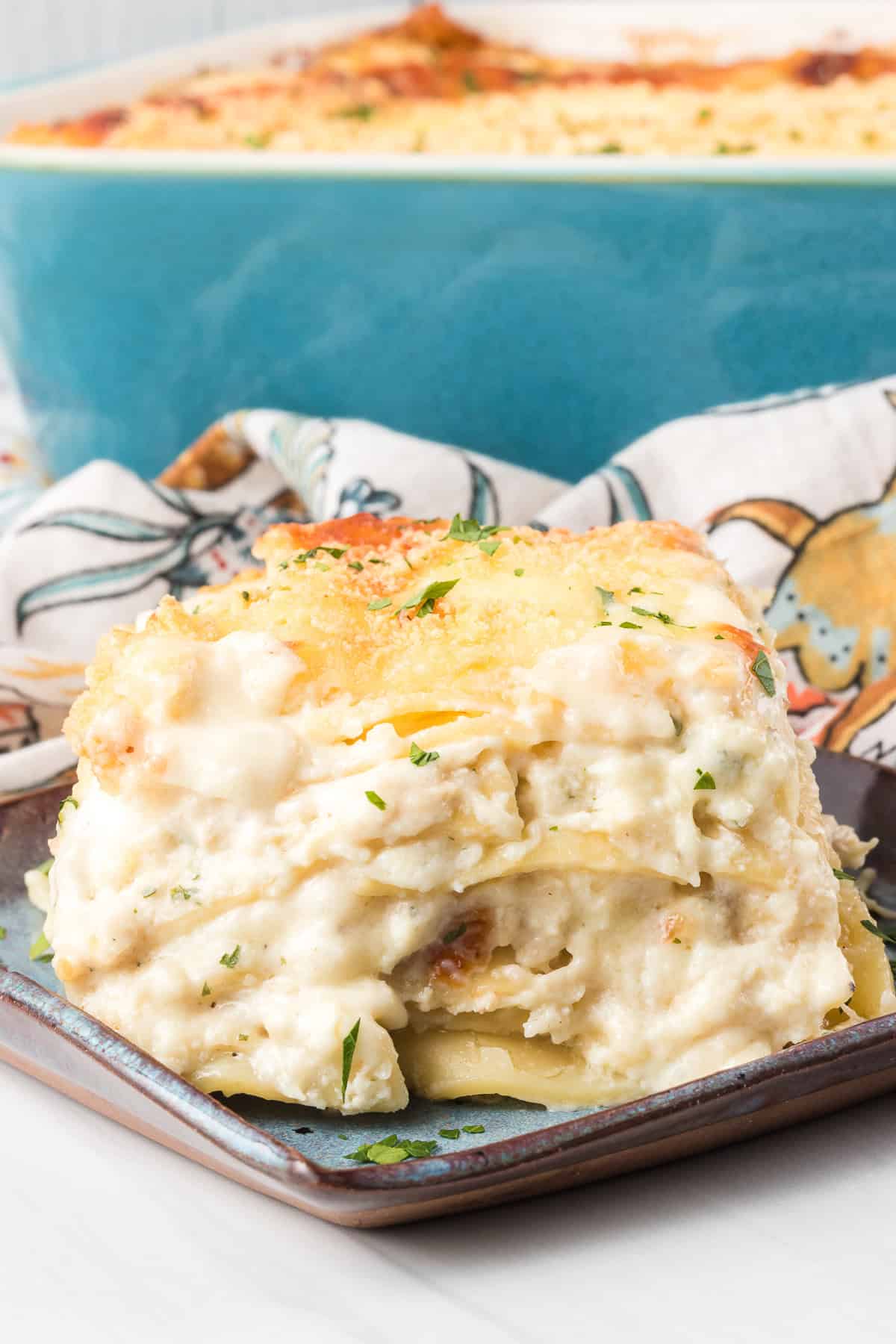 Creamy Chicken Lasagna with a homemade Alfredo sauce.
