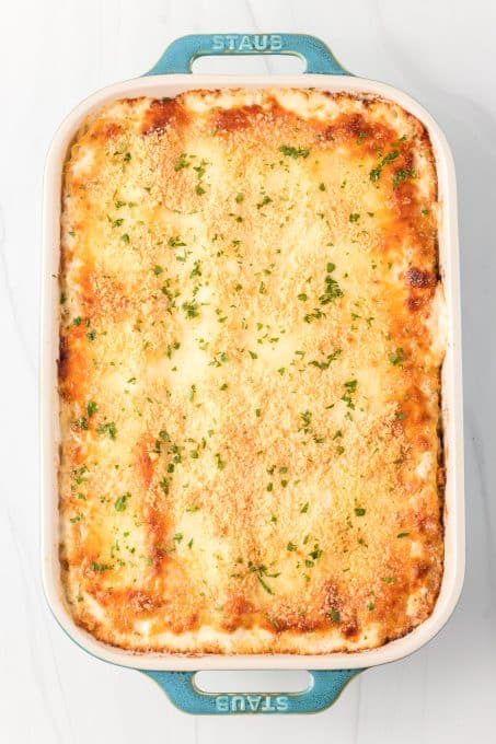 Oven baked Alfredo Chicken Lasagna.