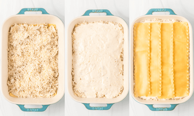 Process photos for making Chicken Alfredo Lasagna.