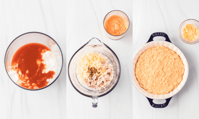 Cottage Cheese Buffalo Chicken Dip process photos.