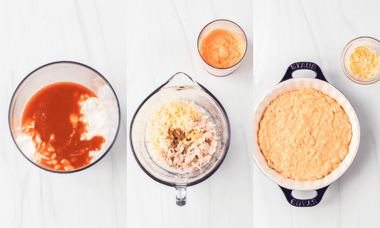 Cottage Cheese Buffalo Chicken Dip process photos.