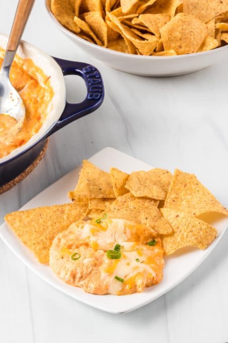Chicken Buffalo Dip with chips.