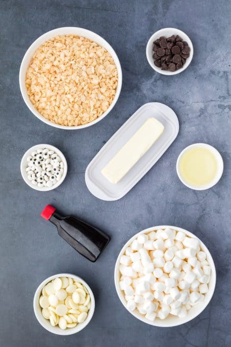 Ingredients for Halloween Ghosts Rice Krispie Treats.