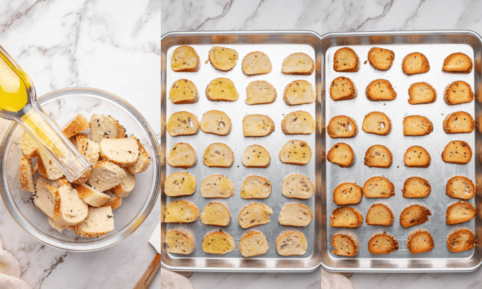 Process photos for making homemade Everything Bagel chips for dipping.