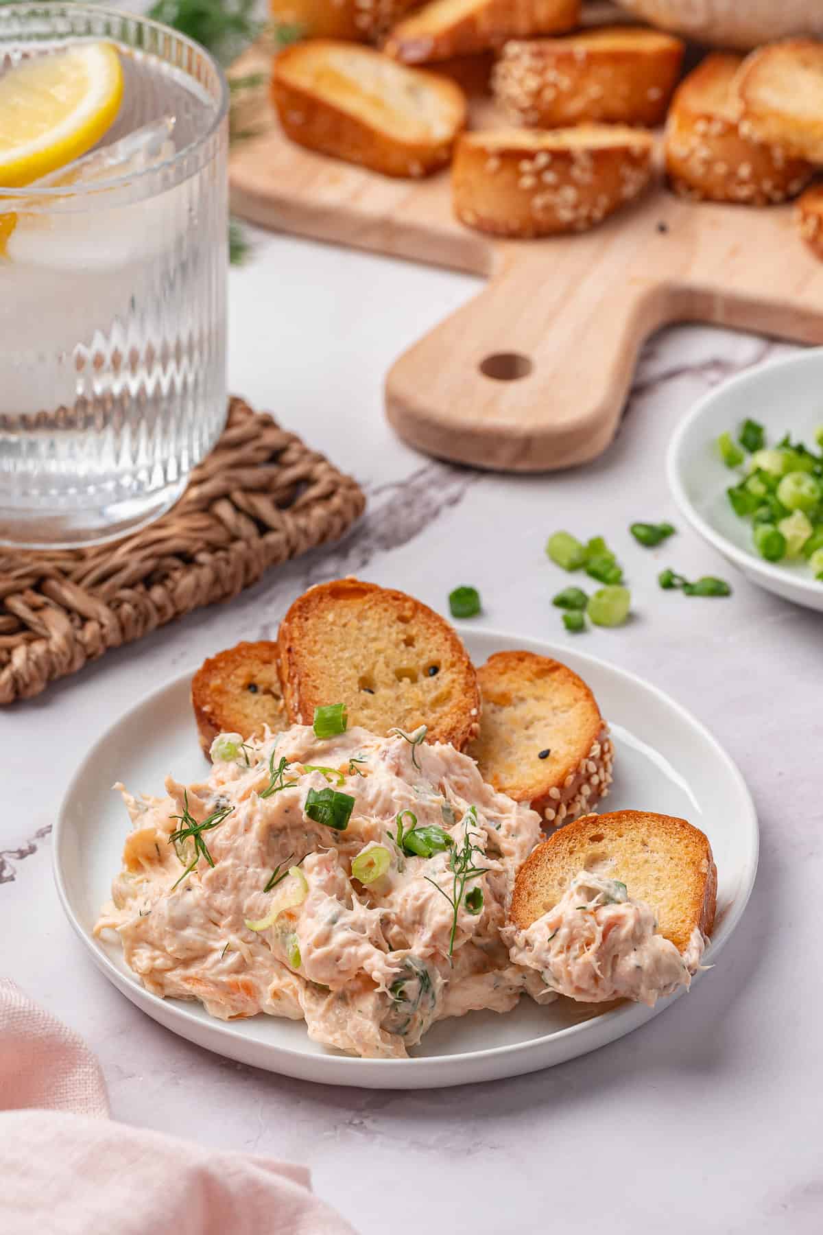 Salmon dip with homemade toasted bagel chips.