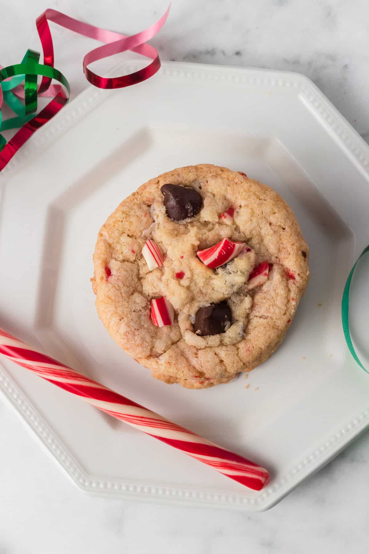 Chocolate Chip Cookies with crushed candy canes and Andes Peppermint Chips