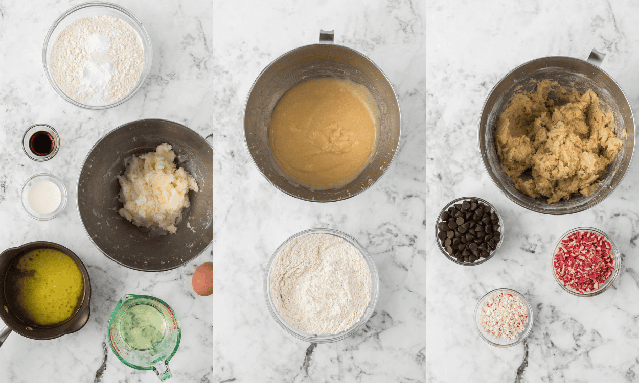First set of process photos for Peppermint Chocolate Chip Cookies.